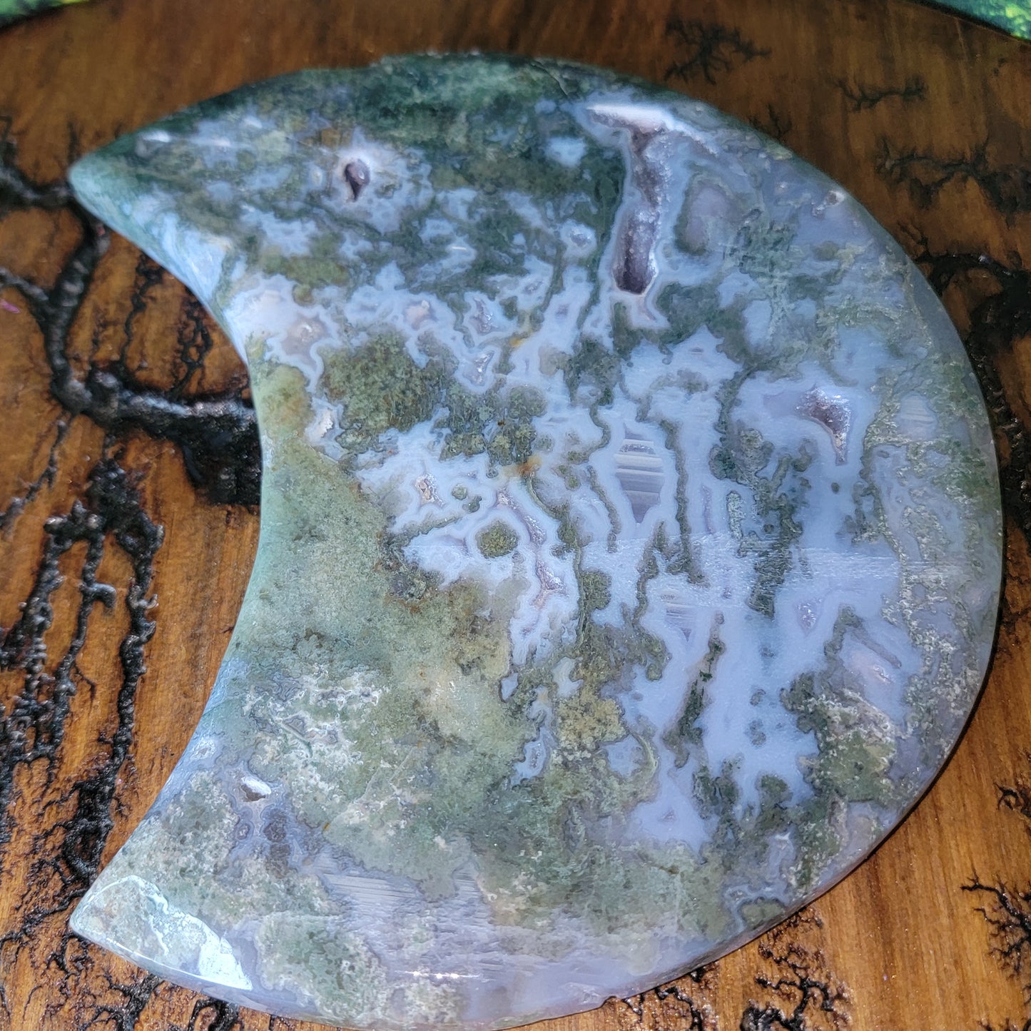 Large Moss Agate Moon with Amethyst Druze Pockets